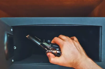 Hand reaching into safe to retrieve a handgun. charged with a gun