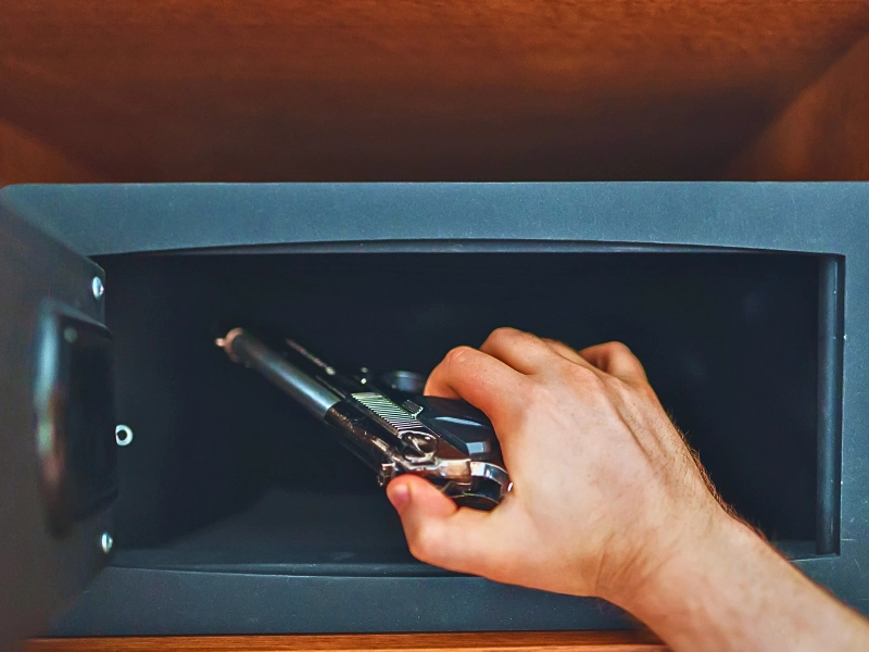 Hand reaching into safe to retrieve a handgun. charged with a gun
