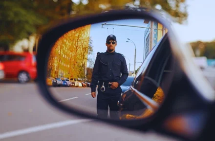 Police officer standing on road visible in car mirror. Police Search Your Car Without a Warrant